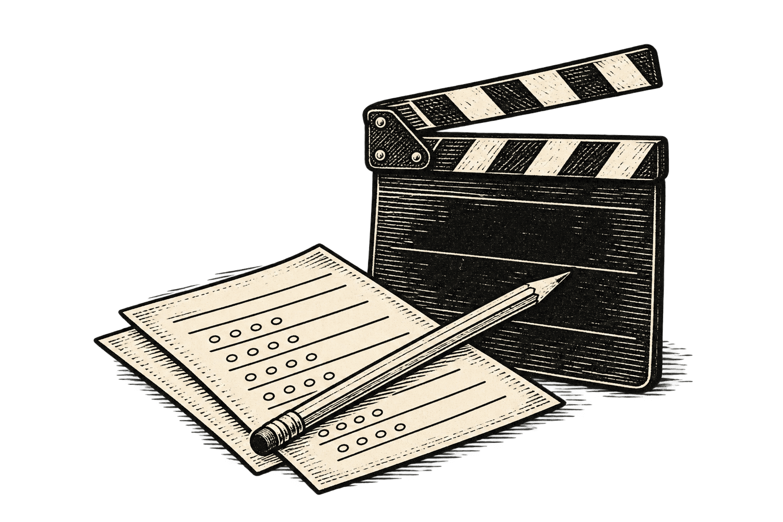 An engraved clapperboard, quiz sheets, and a pencil